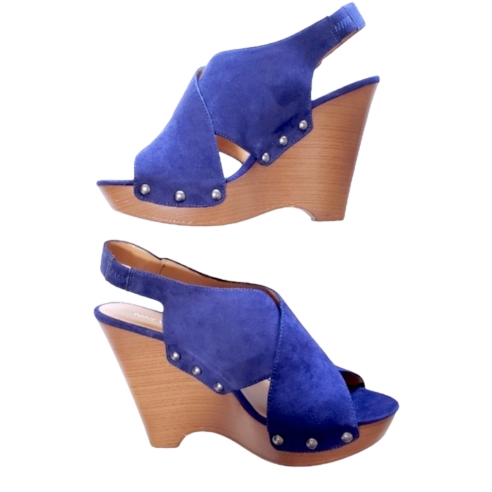 Nine West Royal Blue Suede Platform Wedge Studded Sandal Sz: 8.5
